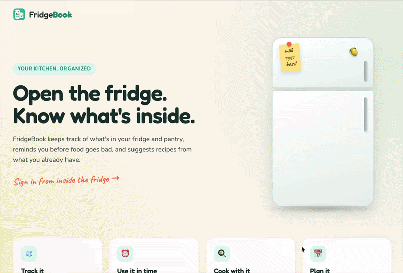 FridgeBook demo: the fridge door swings open to a sign-in button, then the dashboard, kitchen and shopping list